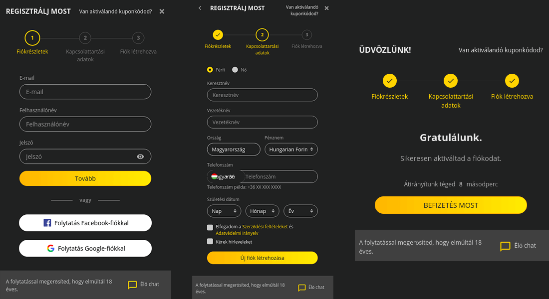 A 18Bet regisztrációs folyamata három fő lépésből áll