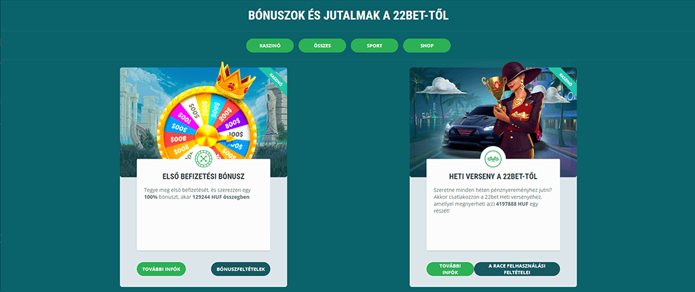 22bet kaszinó bónusz