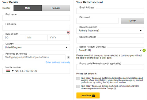 betfair regisztrációs űrlap