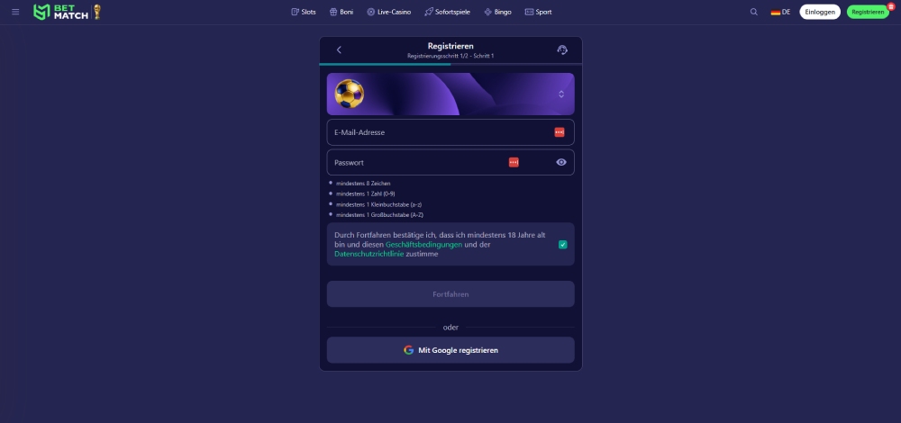 BetMatch registrierung