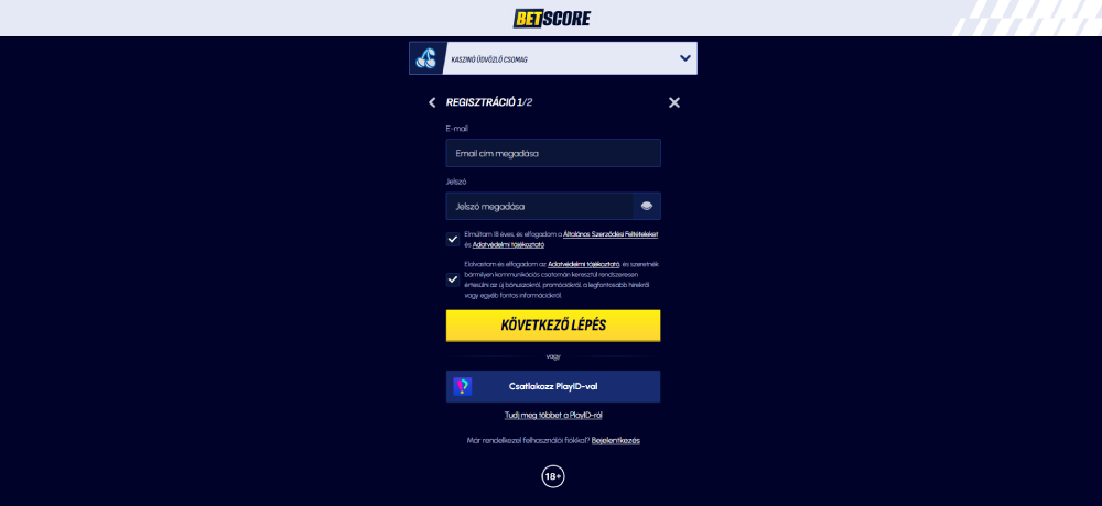 BetScore casino regisztráció