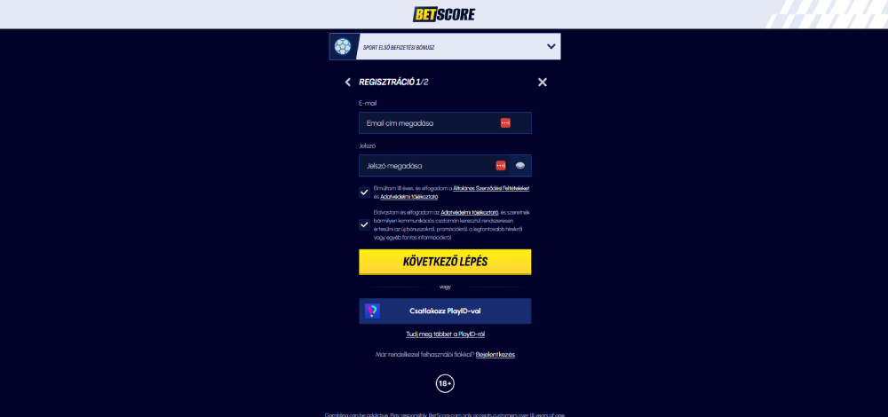 BetScore regisztráció