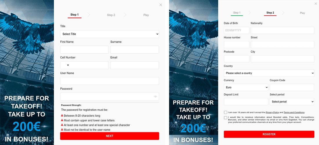 Az Eaglebet regisztráció 2 lépcsős, különböző űrlapok kitöltésével jár