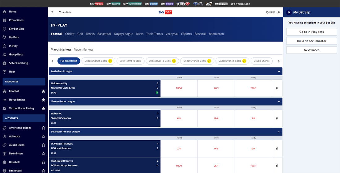 A Sky Bet oldalán élő fogadásokat tehetsz és élő közvetítéseket nézhetsz