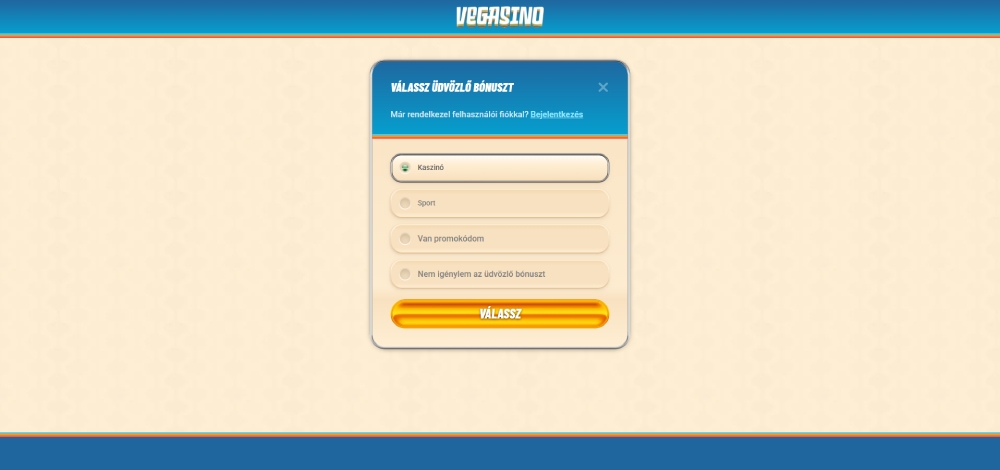 Vegasino Casino regisztráció