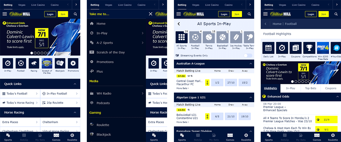 A William Hill mobil webszájtjának csúcsminőségű a felhasználói felülete