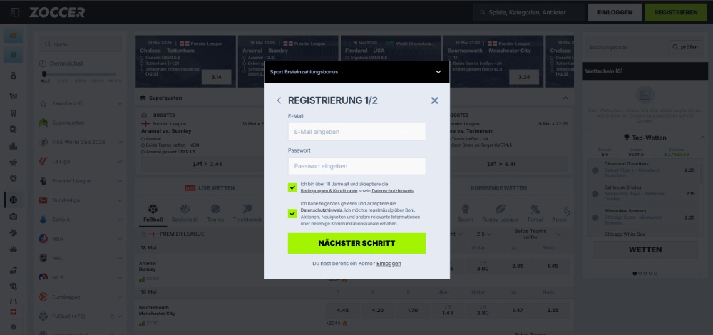 Zoccer registrierung